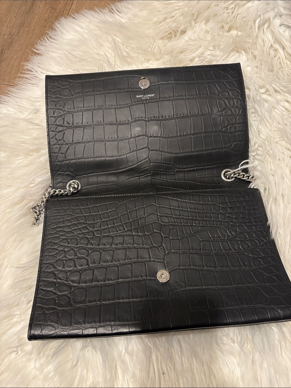 Yves Saint Laurent Black Croc-Embossed Chain Wallet with Silver Hardware - Picture 3 of 10